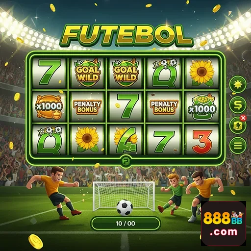 Jogo de slot de futebol no 888bb, mostrando gráficos coloridos e símbolos de esporte.